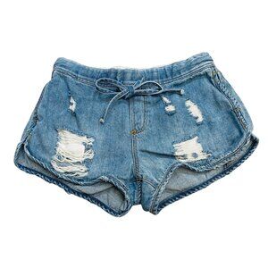 Umgee Denim Distressed Drawstring Pull On Blue Shorts Size Small